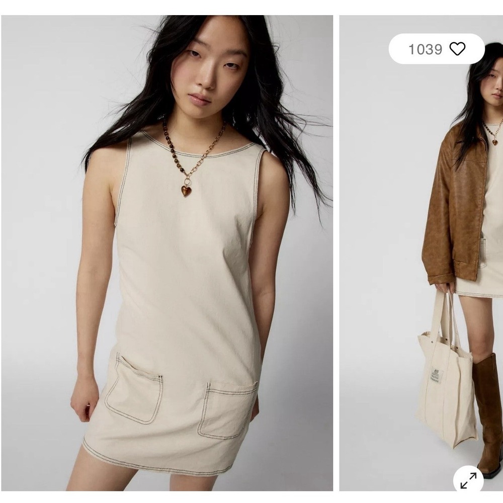 Urban Outfitters UO Keke Mini Dress Beige Contrast Stitch Pockets Boho Large